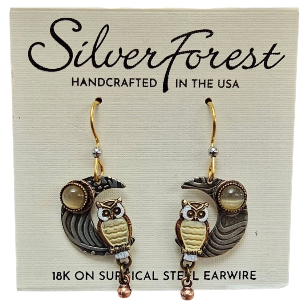 SILVER FOREST OWL ON CRESCENT MOON EARRING - Picture 9 of 16